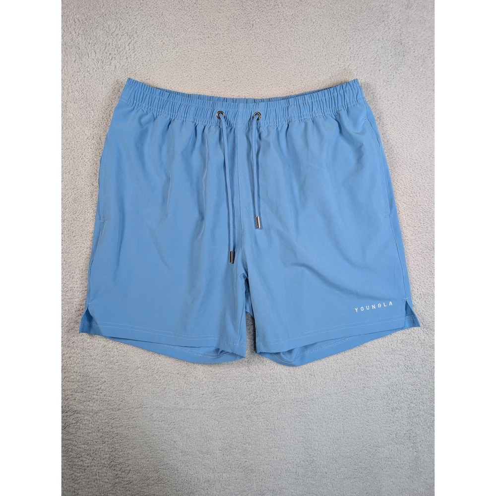 YoungLA‎ Mens Swim Shorts Light Blue Mesh Lined Athletic Trunks Medium 5 Inch
